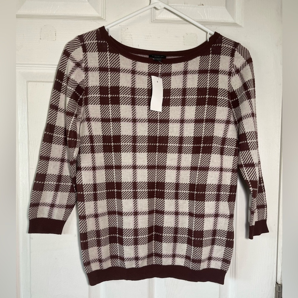 Ann Taylor Burgundy/ Cream‎ Long Sleeve Plaid Knit Crew Neck Sweater Sz XS